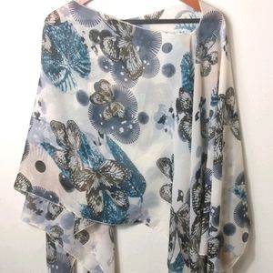 Beautiful M Charcoal and Teal Blue Butterfly Scarf Poncho Top